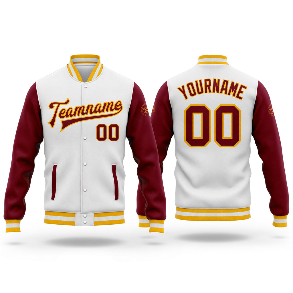 Custom White Crimson-Gold Bomber Full-Snap Varsity Letterman Two Tone Jacket