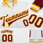 Custom White Crimson-Gold Bomber Full-Snap Varsity Letterman Two Tone Jacket detail