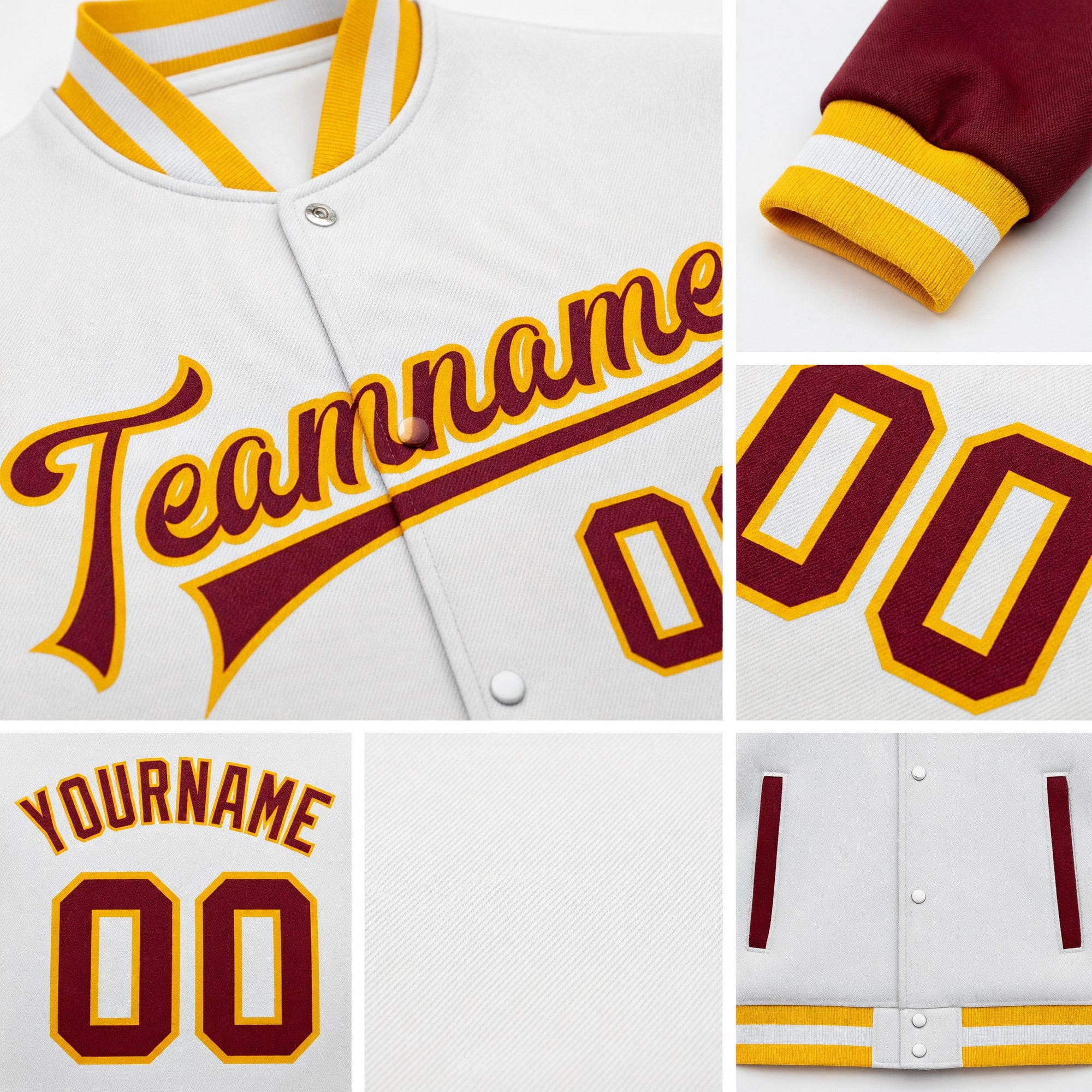 Custom White Crimson-Gold Bomber Full-Snap Varsity Letterman Two Tone Jacket detail
