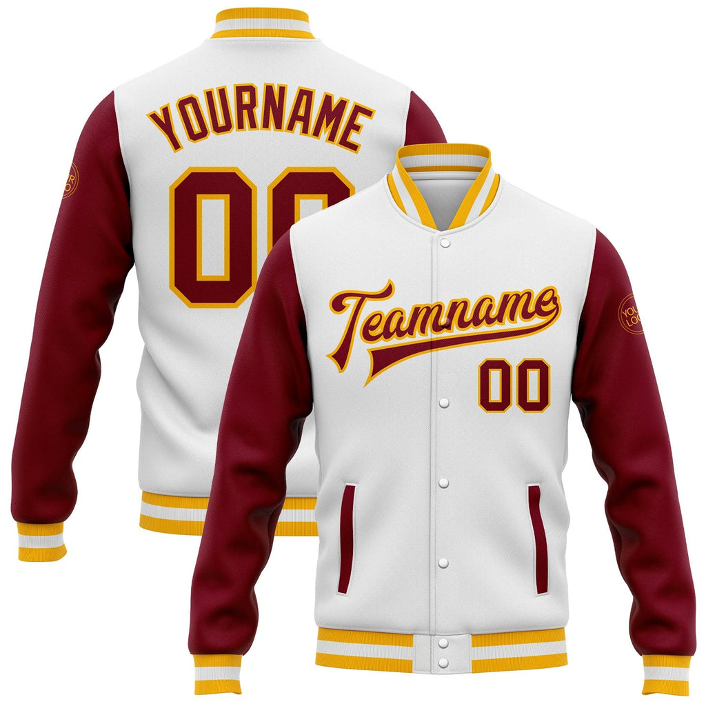 Custom White Crimson-Gold Bomber Full-Snap Varsity Letterman Two Tone Jacket photo 1