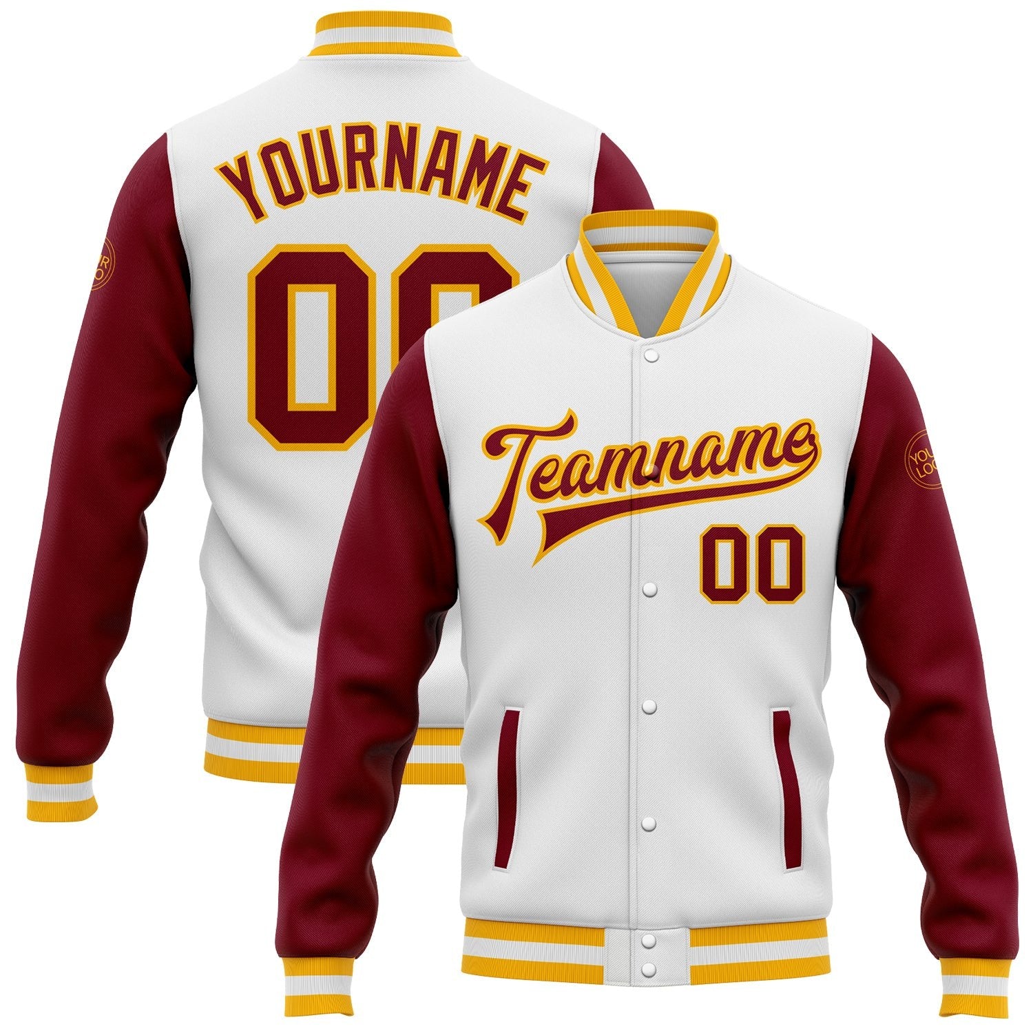 Custom White Crimson-Gold Bomber Full-Snap Varsity Letterman Two Tone Jacket photo 1