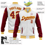 Custom White Crimson-Gold Bomber Full-Snap Varsity Letterman Two Tone Jacket photo 5