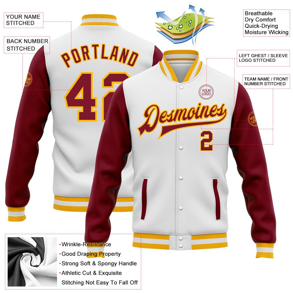 Custom White Crimson-Gold Bomber Full-Snap Varsity Letterman Two Tone Jacket photo 5