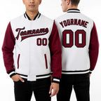 Custom White Crimson-Black Bomber Full-Snap Varsity Letterman Two Tone Jacket worn front and back