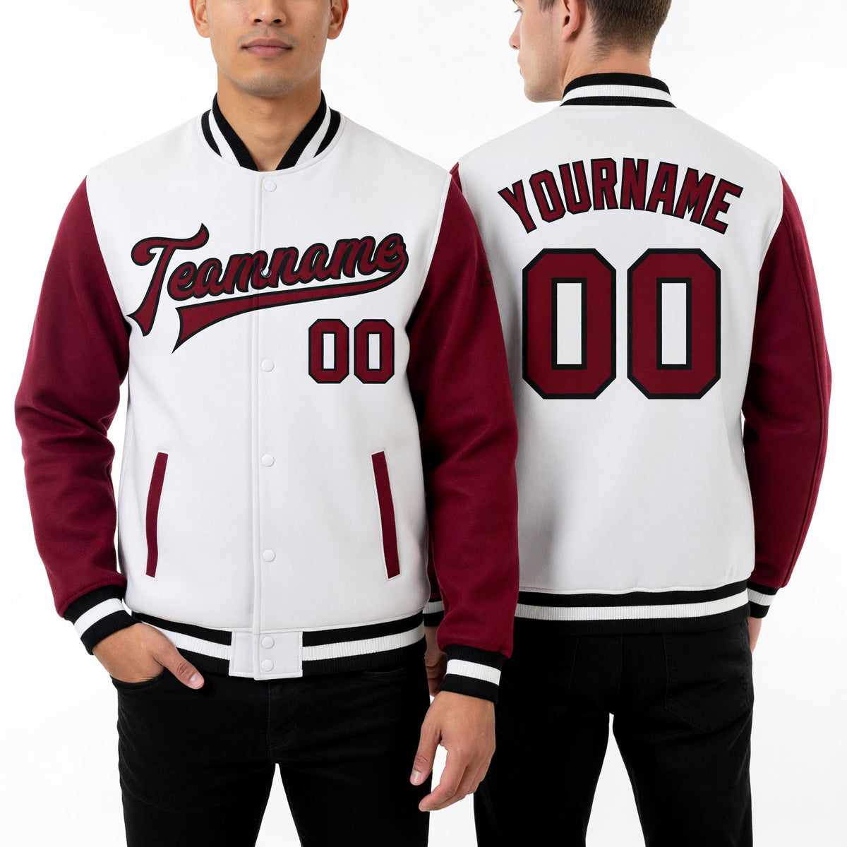 Custom White Crimson-Black Bomber Full-Snap Varsity Letterman Two Tone Jacket worn front and back