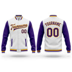 Custom White Purple-Gold Bomber Full-Snap Varsity Letterman Two Tone Jacket