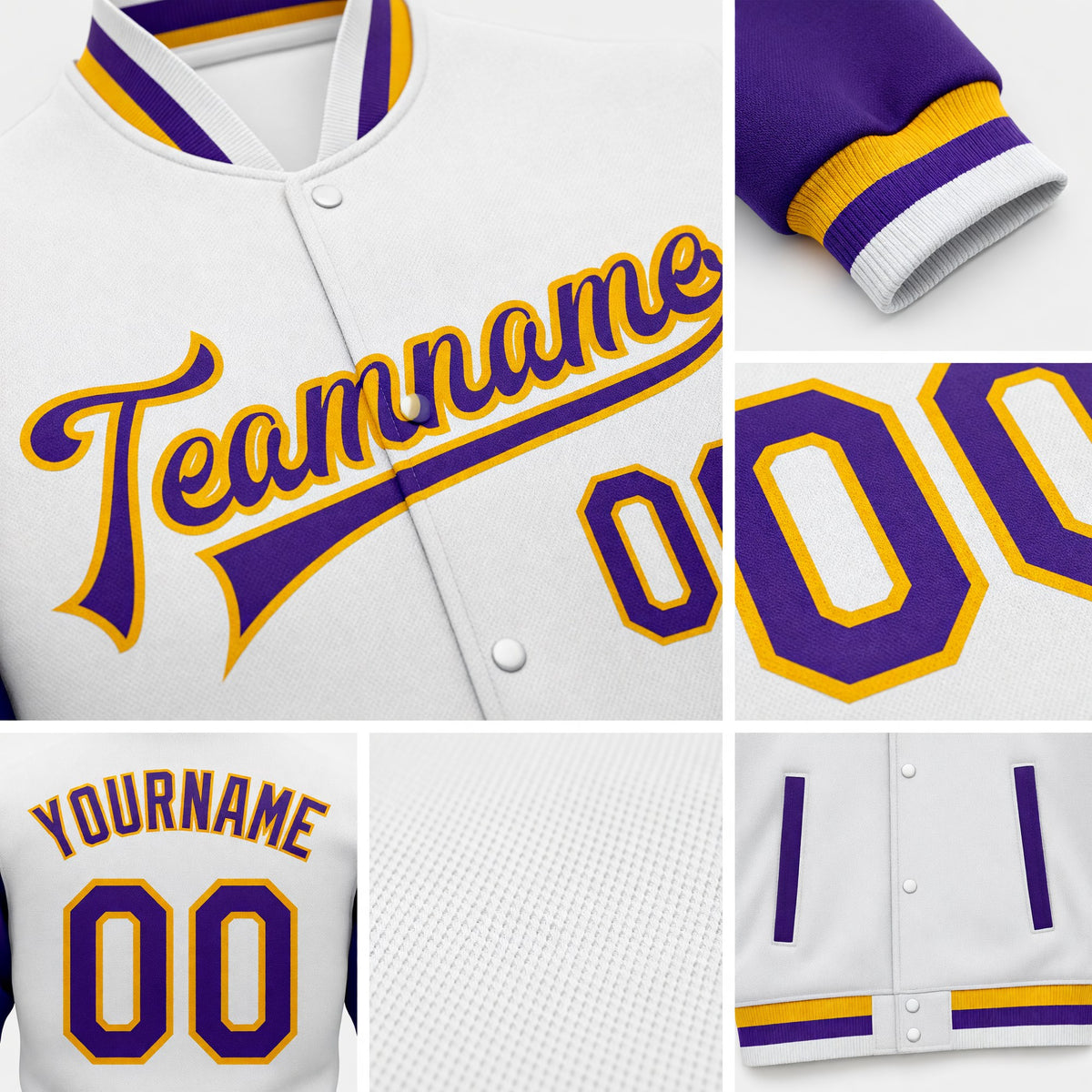 Custom White Purple-Gold Bomber Full-Snap Varsity Letterman Two Tone Jacket detail