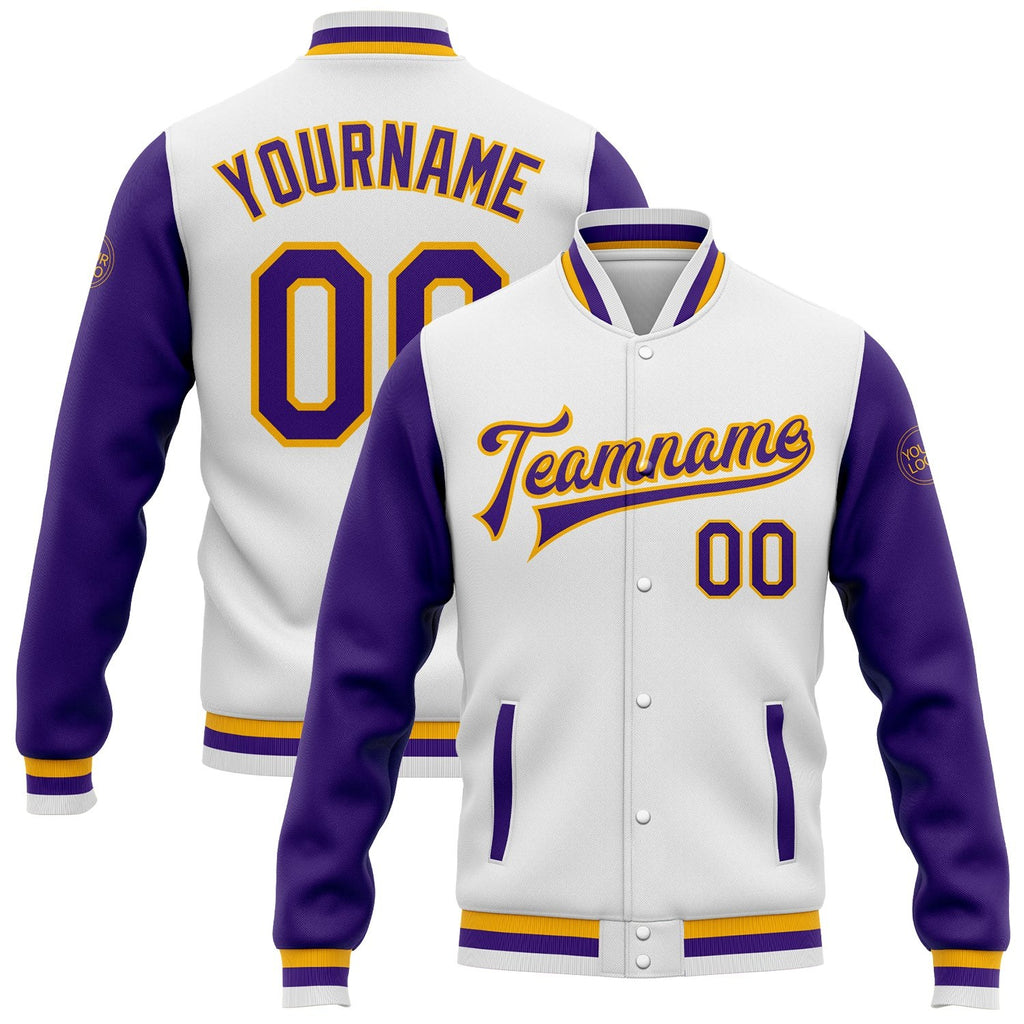 Custom White Purple-Gold Bomber Full-Snap Varsity Letterman Two Tone Jacket photo 1