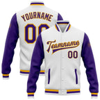 Custom White Purple-Gold Bomber Full-Snap Varsity Letterman Two Tone Jacket photo 1