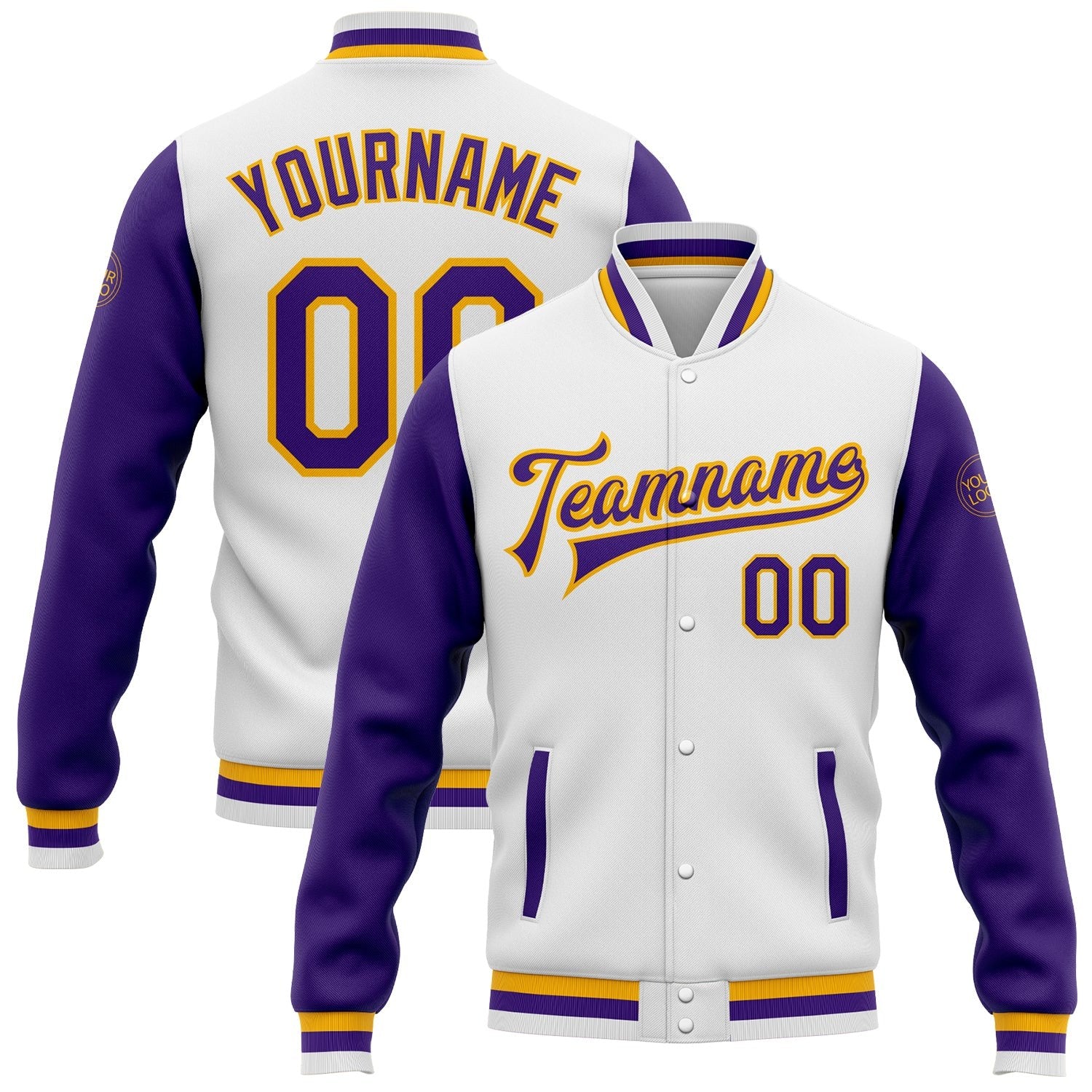 Custom White Purple-Gold Bomber Full-Snap Varsity Letterman Two Tone Jacket photo 1