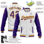 Custom White Purple-Gold Bomber Full-Snap Varsity Letterman Two Tone Jacket photo 5