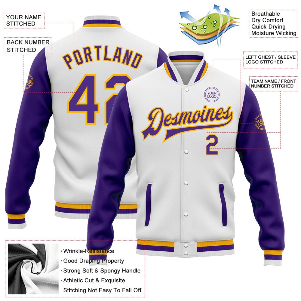 Custom White Purple-Gold Bomber Full-Snap Varsity Letterman Two Tone Jacket photo 5
