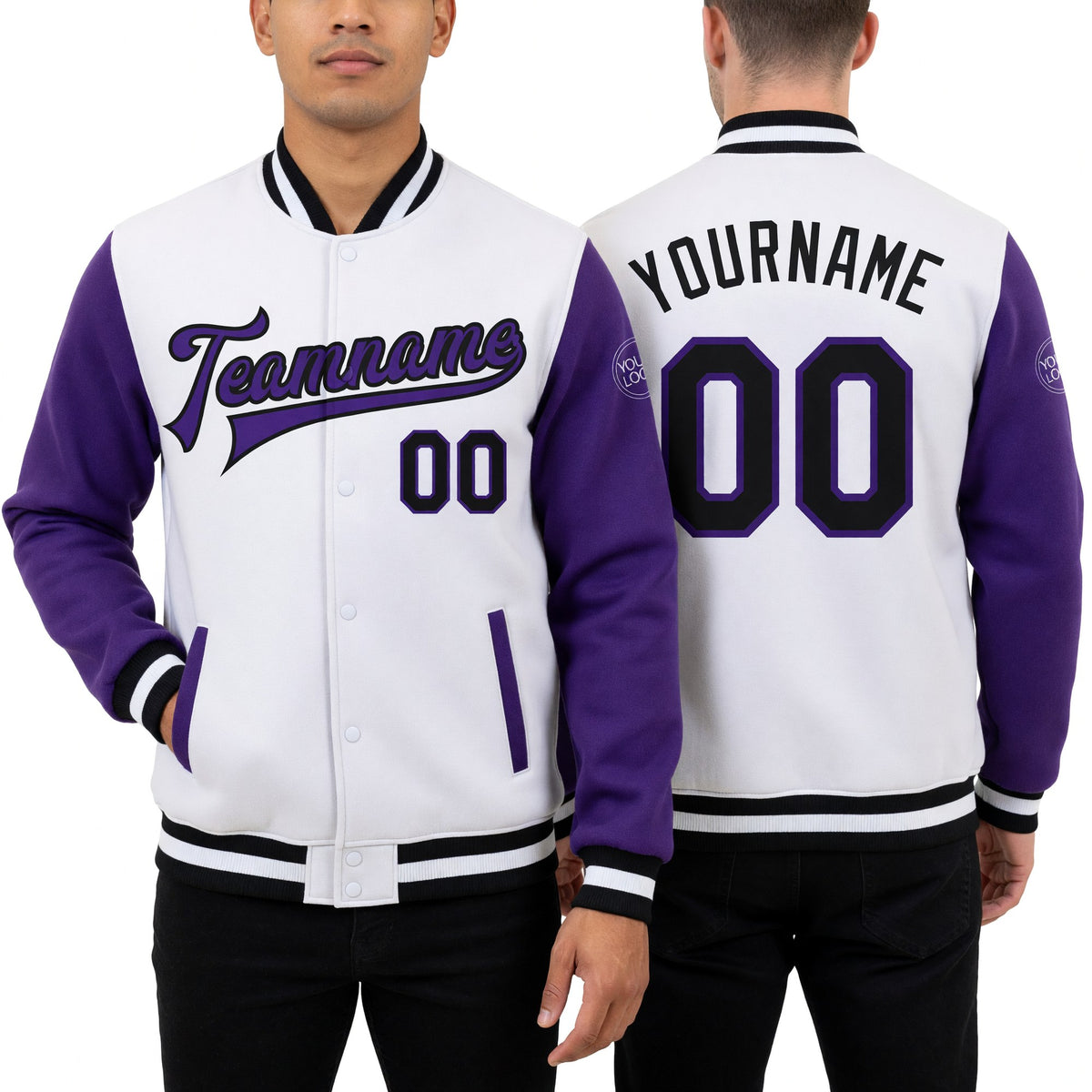 Custom White Black-Purple Bomber Full-Snap Varsity Letterman Two Tone Jacket worn front and back
