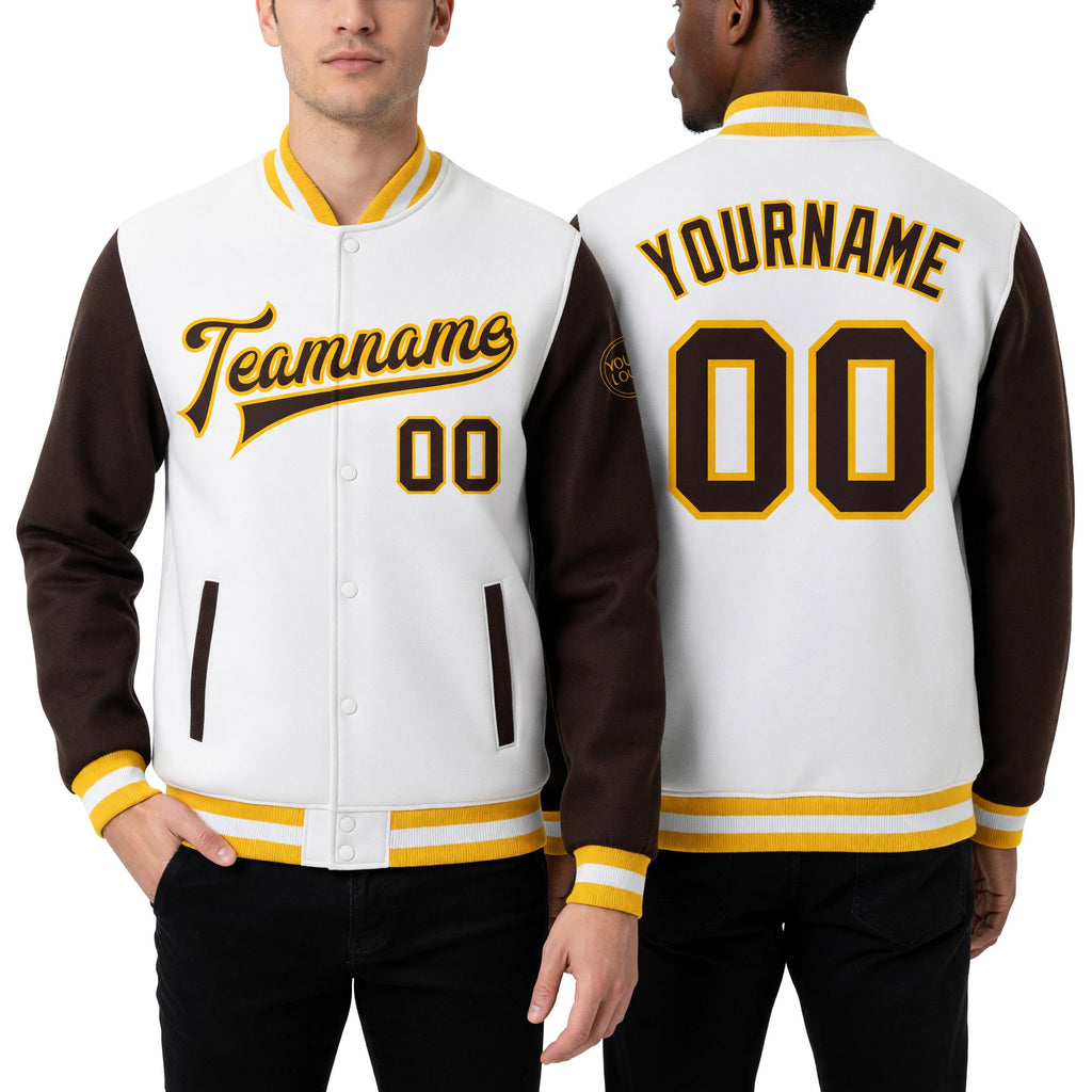 Custom White Brown-Gold Bomber Full-Snap Varsity Letterman Two Tone Jacket worn front and back