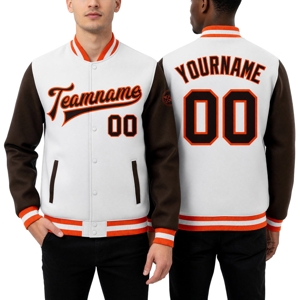 Custom White Brown-Orange Bomber Full-Snap Varsity Letterman Two Tone Jacket worn front and back