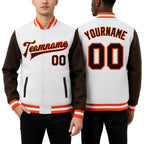 Custom White Brown-Orange Bomber Full-Snap Varsity Letterman Two Tone Jacket worn front and back