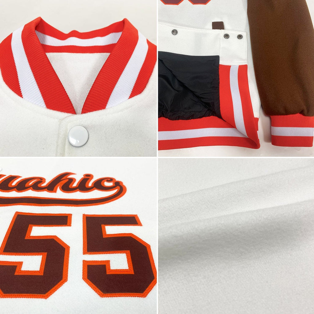 Custom White Brown-Orange Bomber Full-Snap Varsity Letterman Two Tone Jacket photo 4