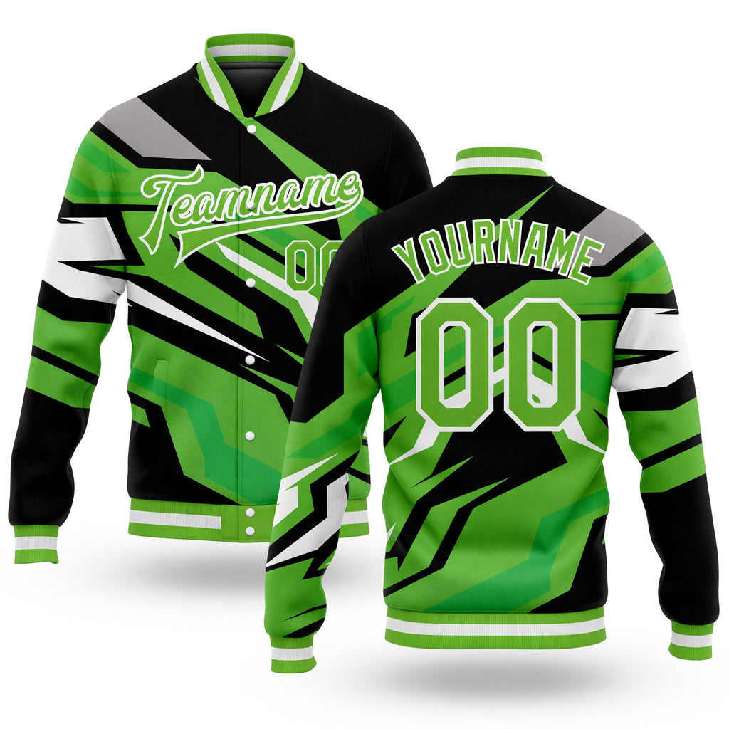 Custom Neon Green Neon Green Black-Gray 3D Pattern Design Bomber Full-Snap Varsity Letterman Jacket