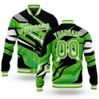 Custom Neon Green Neon Green Black-Gray 3D Pattern Design Bomber Full-Snap Varsity Letterman Jacket