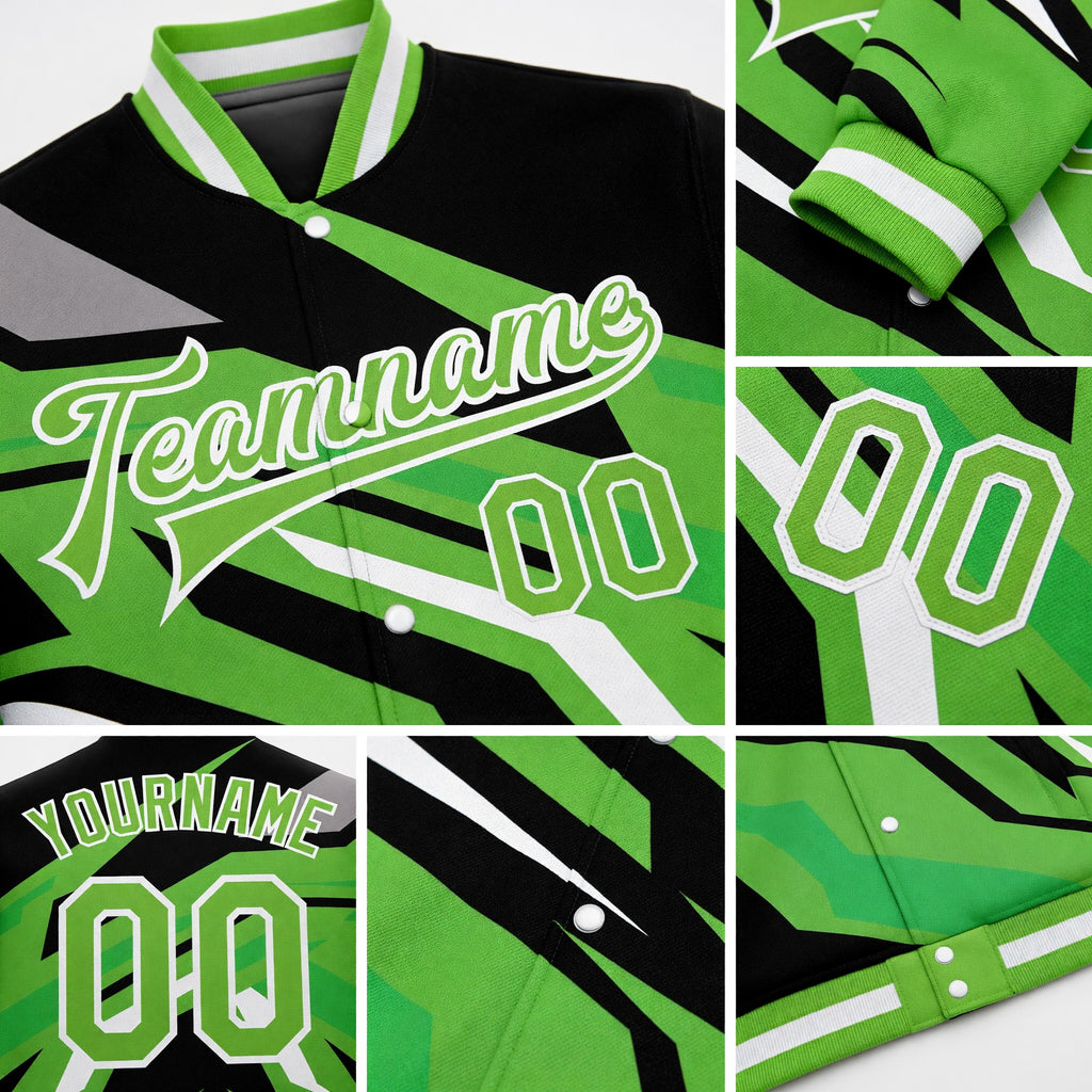 Custom Neon Green Neon Green Black-Gray 3D Pattern Design Bomber Full-Snap Varsity Letterman Jacket detail