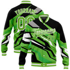 Custom Neon Green Neon Green Black-Gray 3D Pattern Design Bomber Full-Snap Varsity Letterman Jacket photo 1