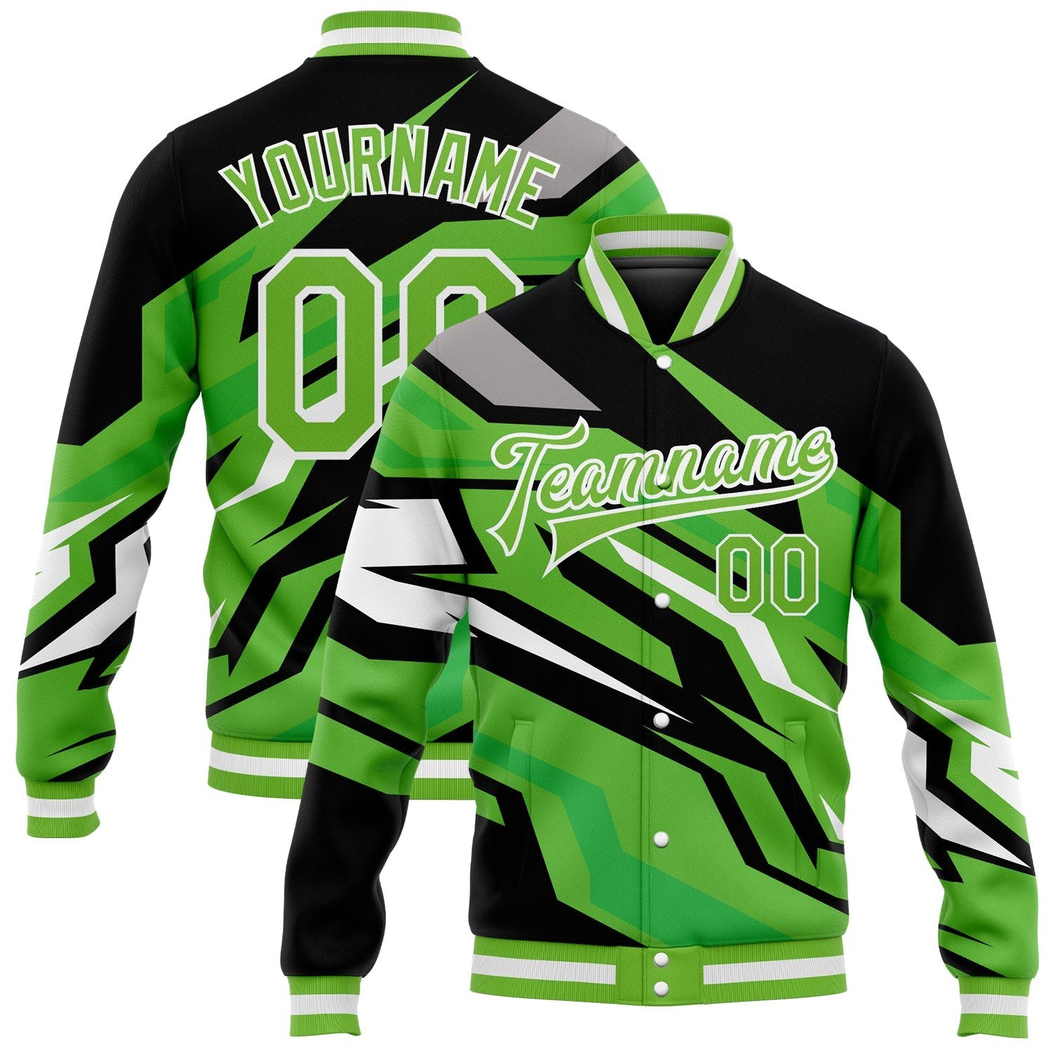 Custom Neon Green Neon Green Black-Gray 3D Pattern Design Bomber Full-Snap Varsity Letterman Jacket photo 1