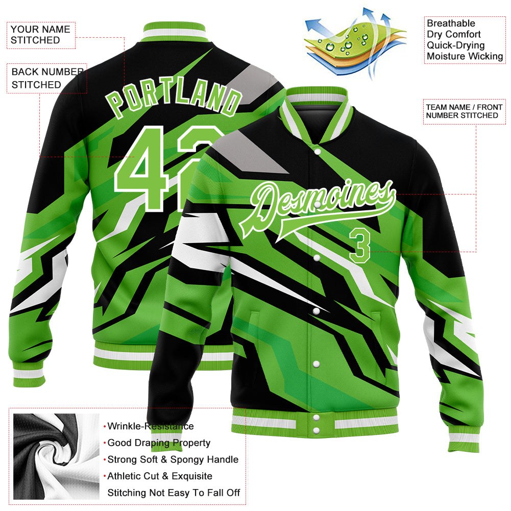 Custom Neon Green Neon Green Black-Gray 3D Pattern Design Bomber Full-Snap Varsity Letterman Jacket photo 5
