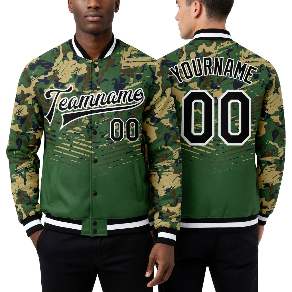 Custom Camo Black-Kelly Green 3D Bomber Full-Snap Varsity Letterman Salute To Service Jacket worn front and back