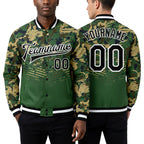 Custom Camo Black-Kelly Green 3D Bomber Full-Snap Varsity Letterman Salute To Service Jacket worn front and back
