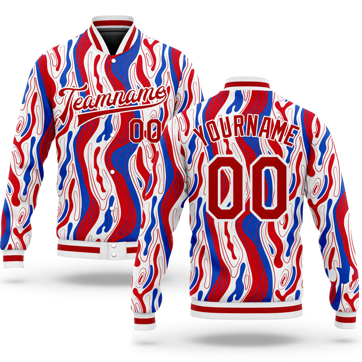 Custom Figure Red-Royal 3D Pattern Design Bomber Full-Snap Varsity Letterman Jacket