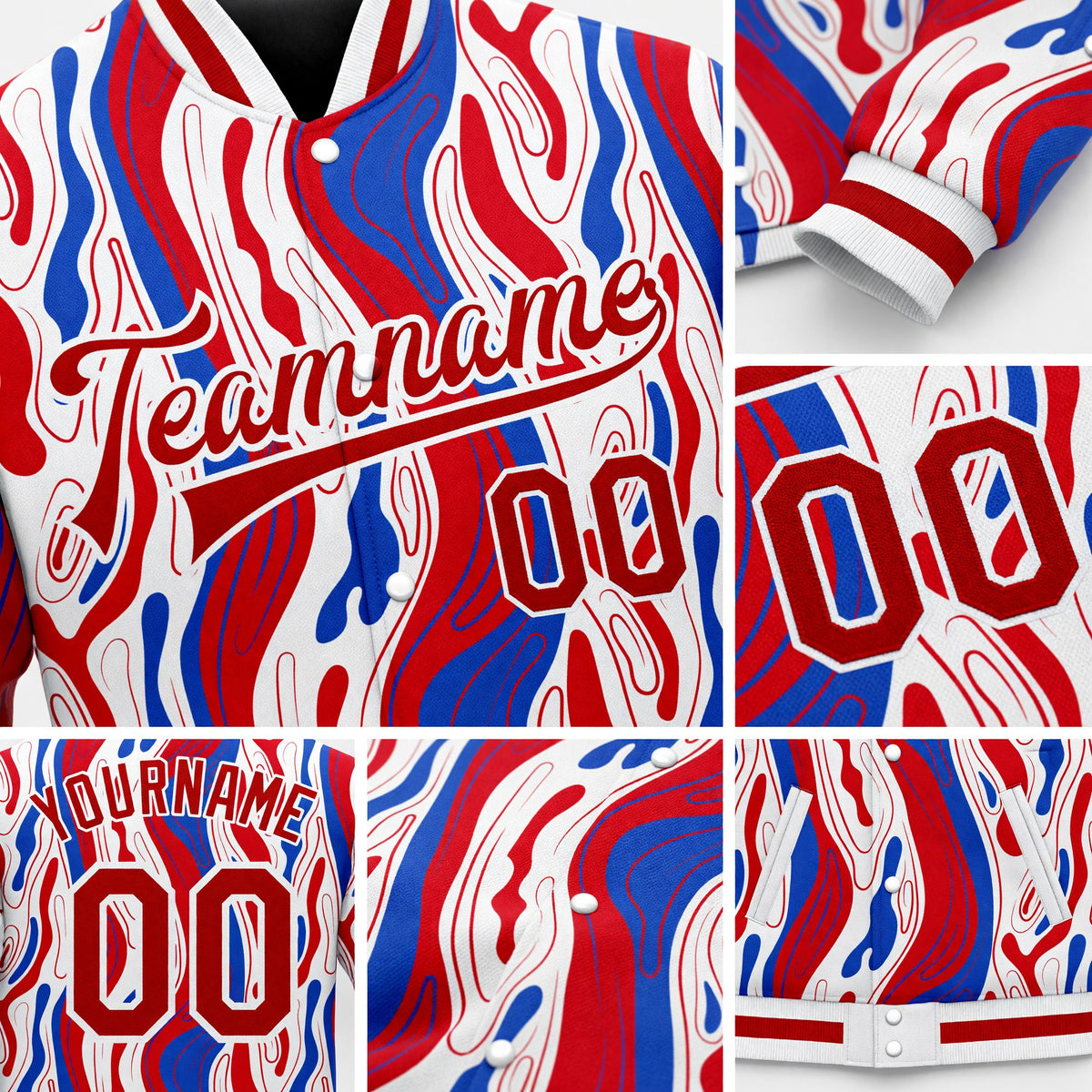 Custom Figure Red-Royal 3D Pattern Design Bomber Full-Snap Varsity Letterman Jacket detail