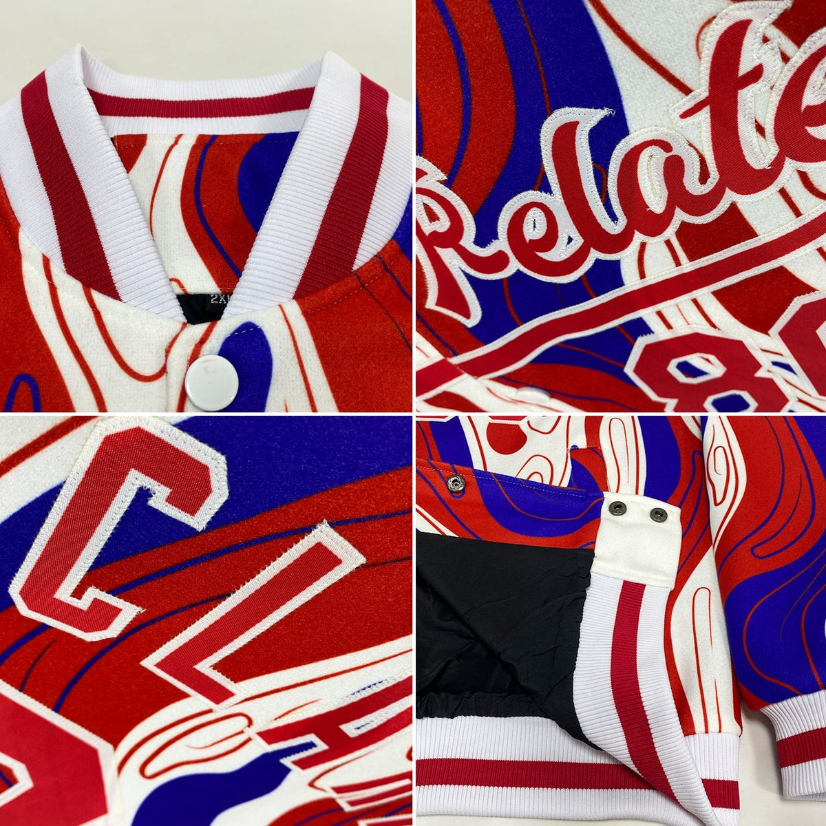Custom Figure Red-Royal 3D Pattern Design Bomber Full-Snap Varsity Letterman Jacket photo 4