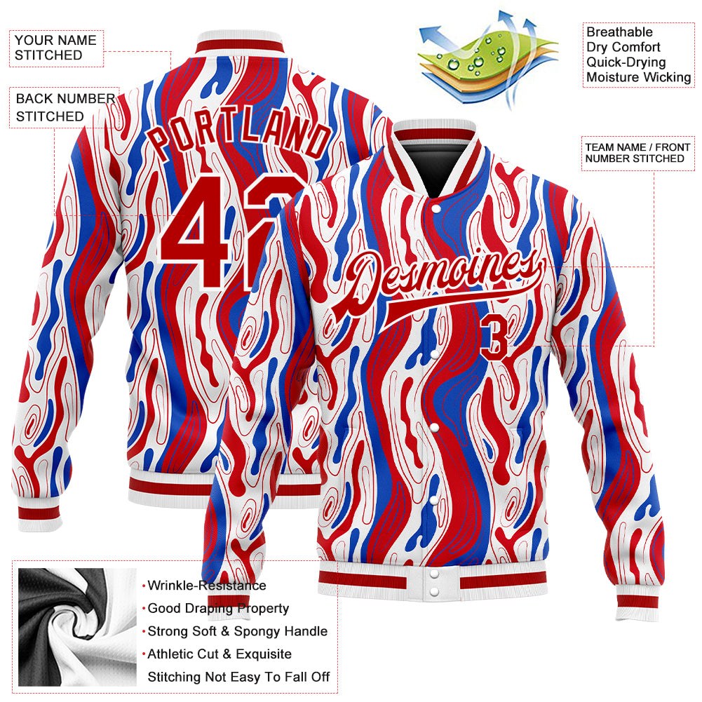 Custom Figure Red-Royal 3D Pattern Design Bomber Full-Snap Varsity Letterman Jacket photo 5