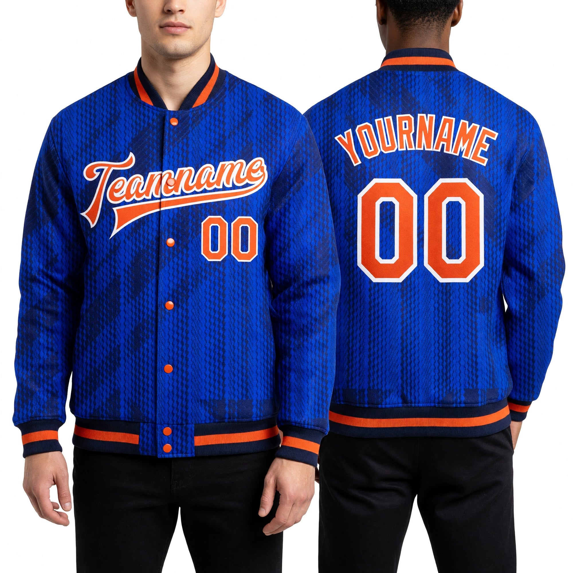 Custom Royal Orange-Navy 3D Pattern Design Bomber Full-Snap Varsity Letterman Jacket worn front and back