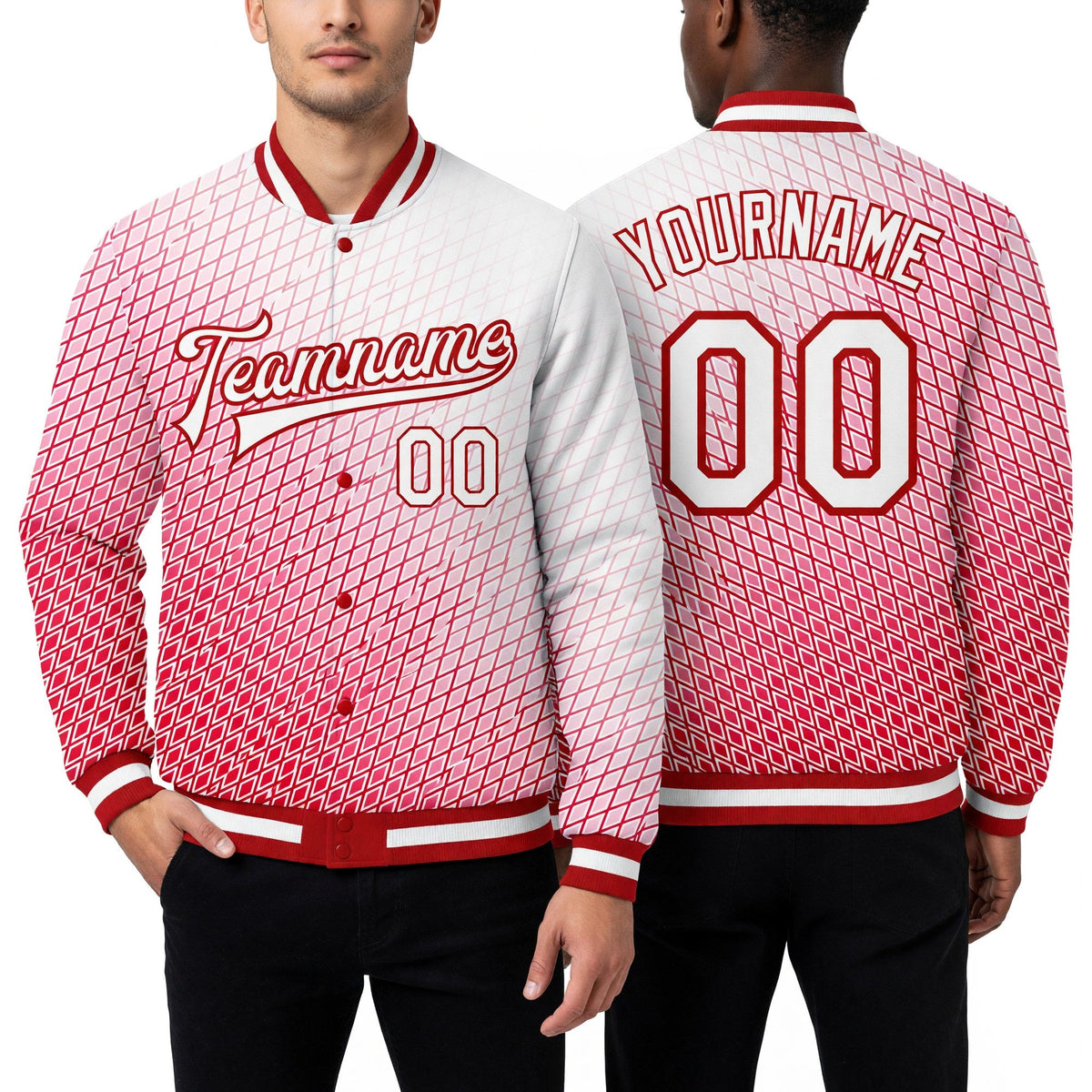 Custom Red White 3D Pattern Design Bomber Full-Snap Varsity Letterman Jacket worn front and back