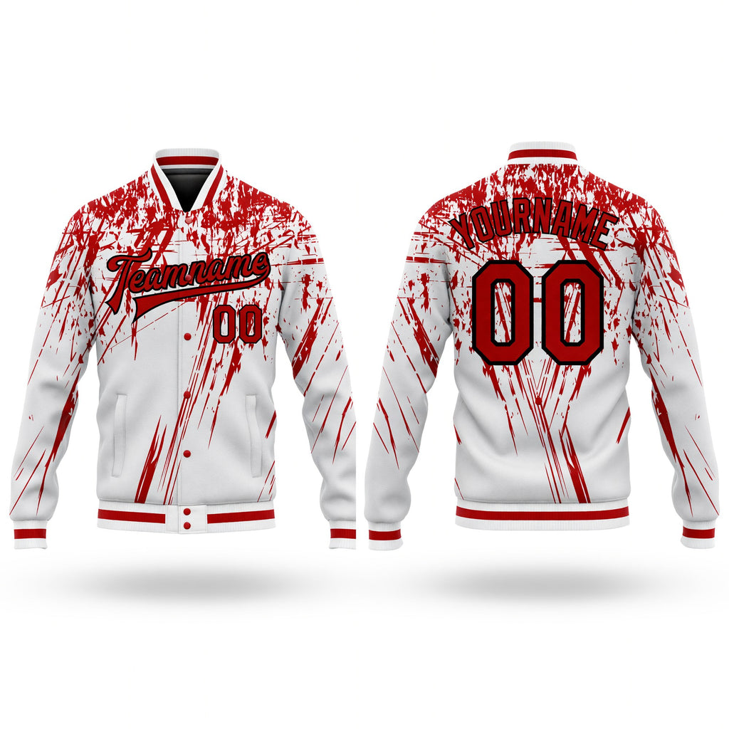 Custom White Red-Black 3D Pattern Design Bomber Full-Snap Varsity Letterman Jacket