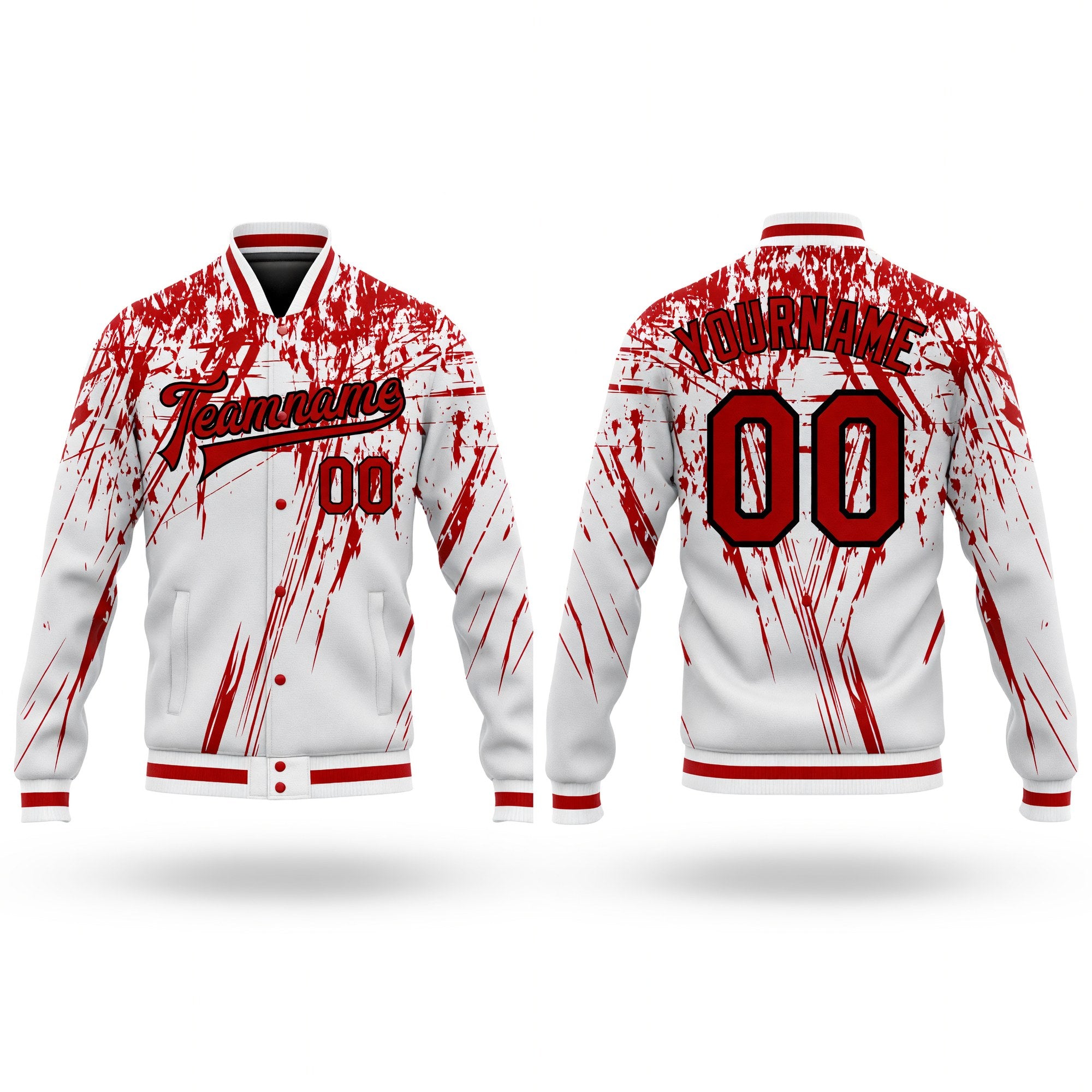 Custom White Red-Black 3D Pattern Design Bomber Full-Snap Varsity Letterman Jacket
