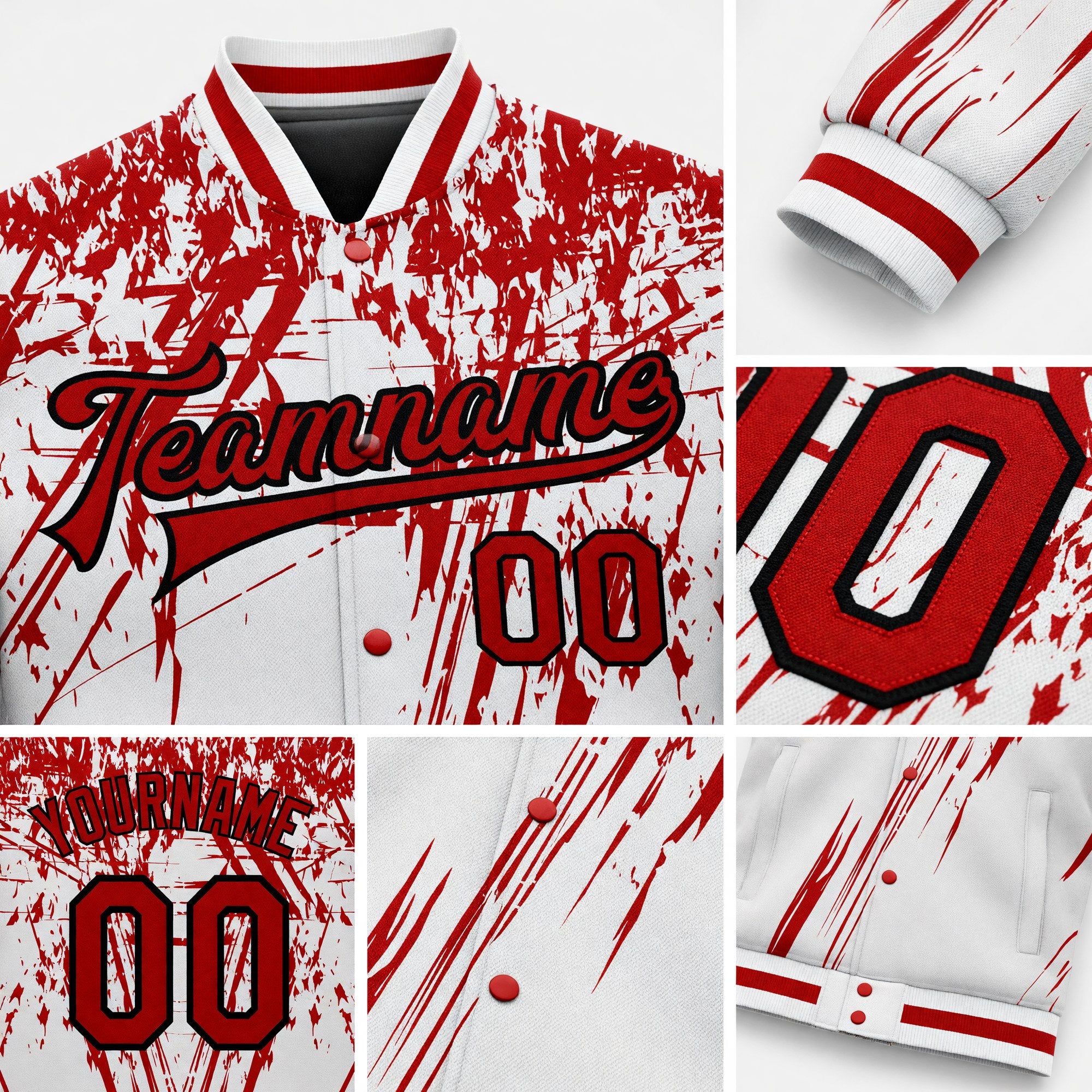 Custom White Red-Black 3D Pattern Design Bomber Full-Snap Varsity Letterman Jacket detail