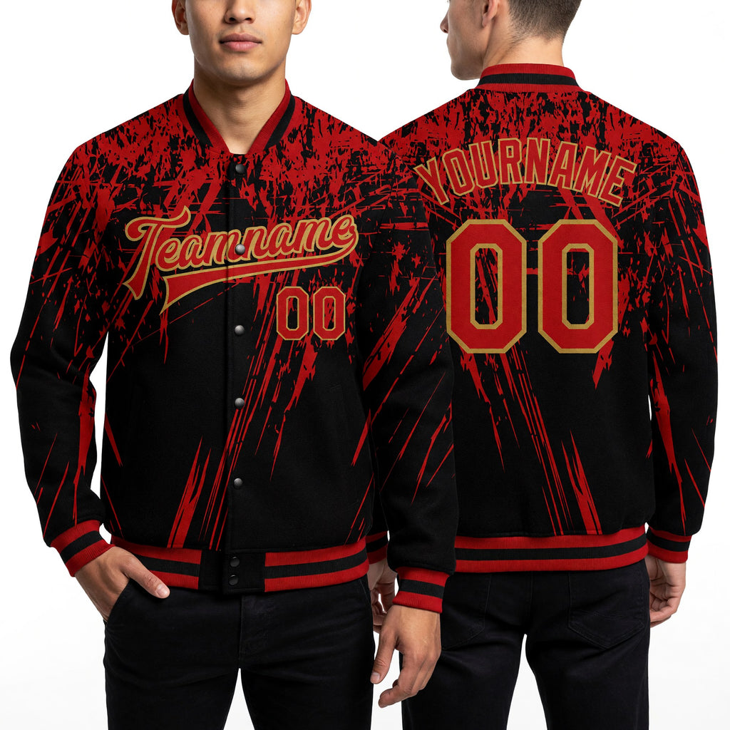 Custom Black Red-Old Gold 3D Pattern Design Bomber Full-Snap Varsity Letterman Jacket worn front and back