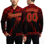 Custom Black Red-Old Gold 3D Pattern Design Bomber Full-Snap Varsity Letterman Jacket worn front and back