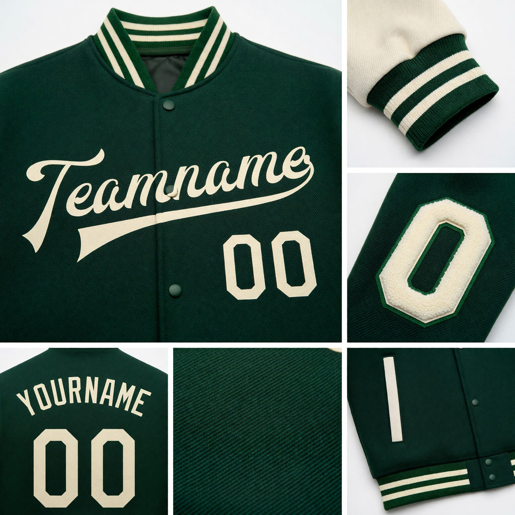Custom Green Cream Bomber Full-Snap Varsity Letterman Two Tone Jacket detail