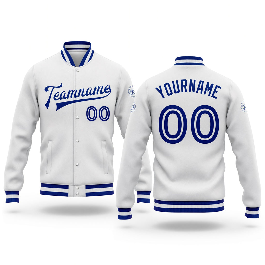 Custom White White-Royal Bomber Full-Snap Varsity Letterman Jacket