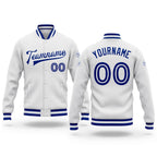 Custom White White-Royal Bomber Full-Snap Varsity Letterman Jacket