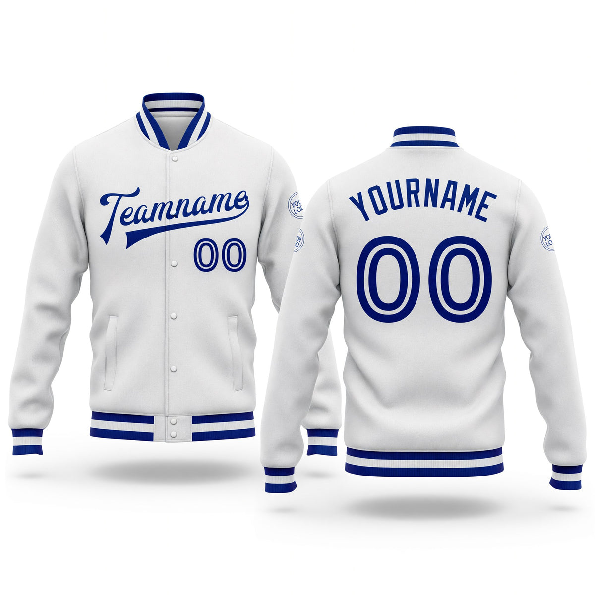 Custom White White-Royal Bomber Full-Snap Varsity Letterman Jacket