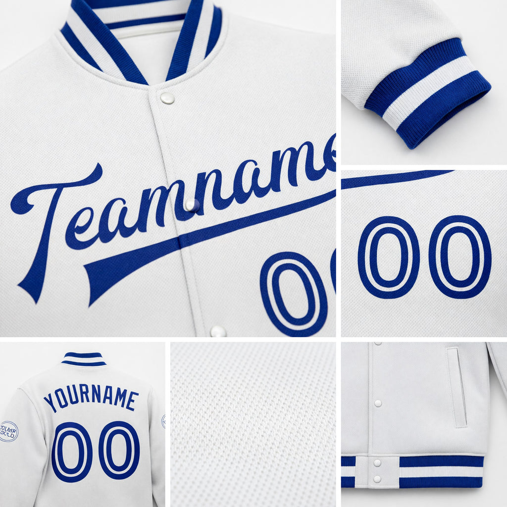 Custom White White-Royal Bomber Full-Snap Varsity Letterman Jacket detail