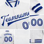 Custom White White-Royal Bomber Full-Snap Varsity Letterman Jacket detail