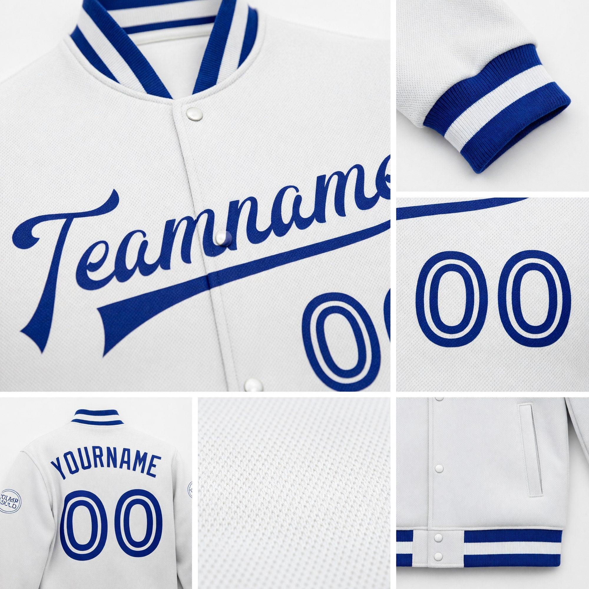 Custom White White-Royal Bomber Full-Snap Varsity Letterman Jacket detail