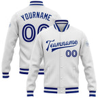 Custom White White-Royal Bomber Full-Snap Varsity Letterman Jacket photo 1
