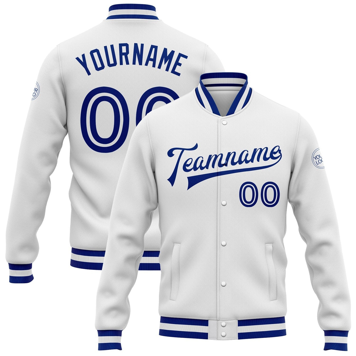 Custom White White-Royal Bomber Full-Snap Varsity Letterman Jacket photo 1
