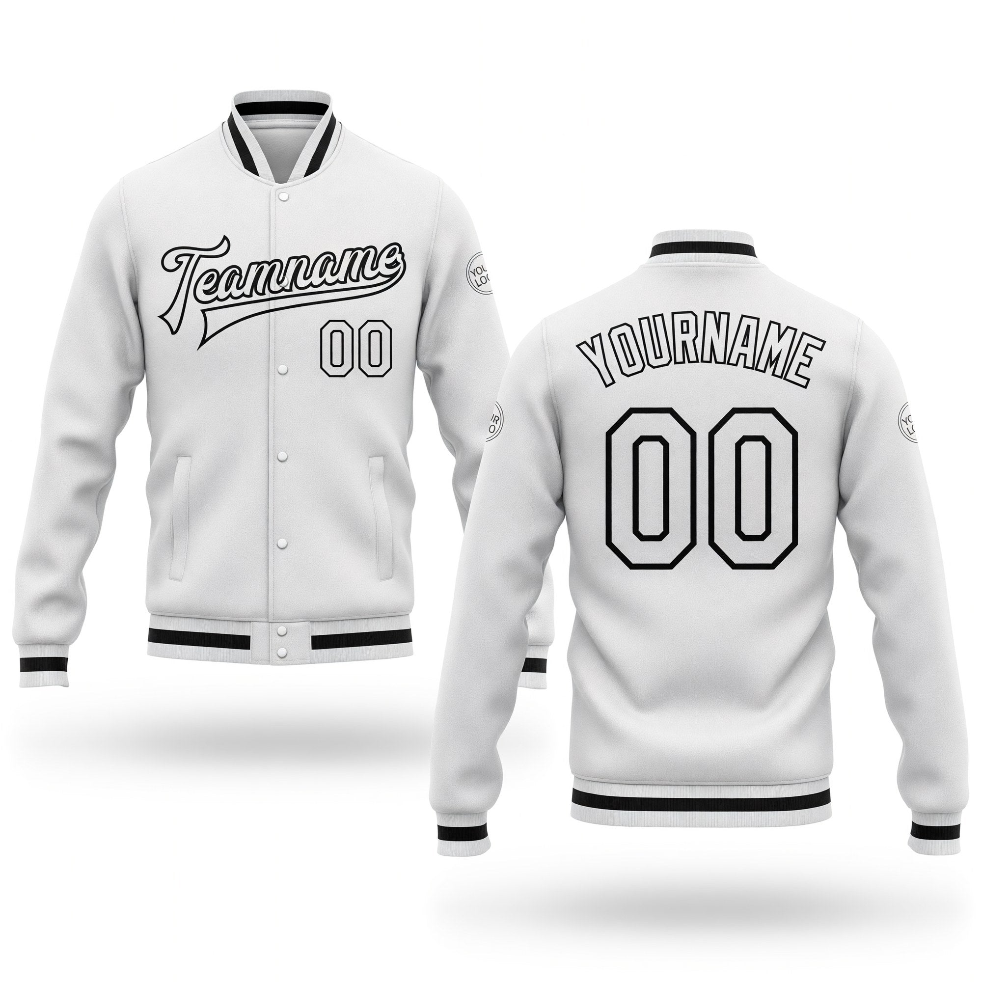 Custom White White-Black Bomber Full-Snap Varsity Letterman Jacket